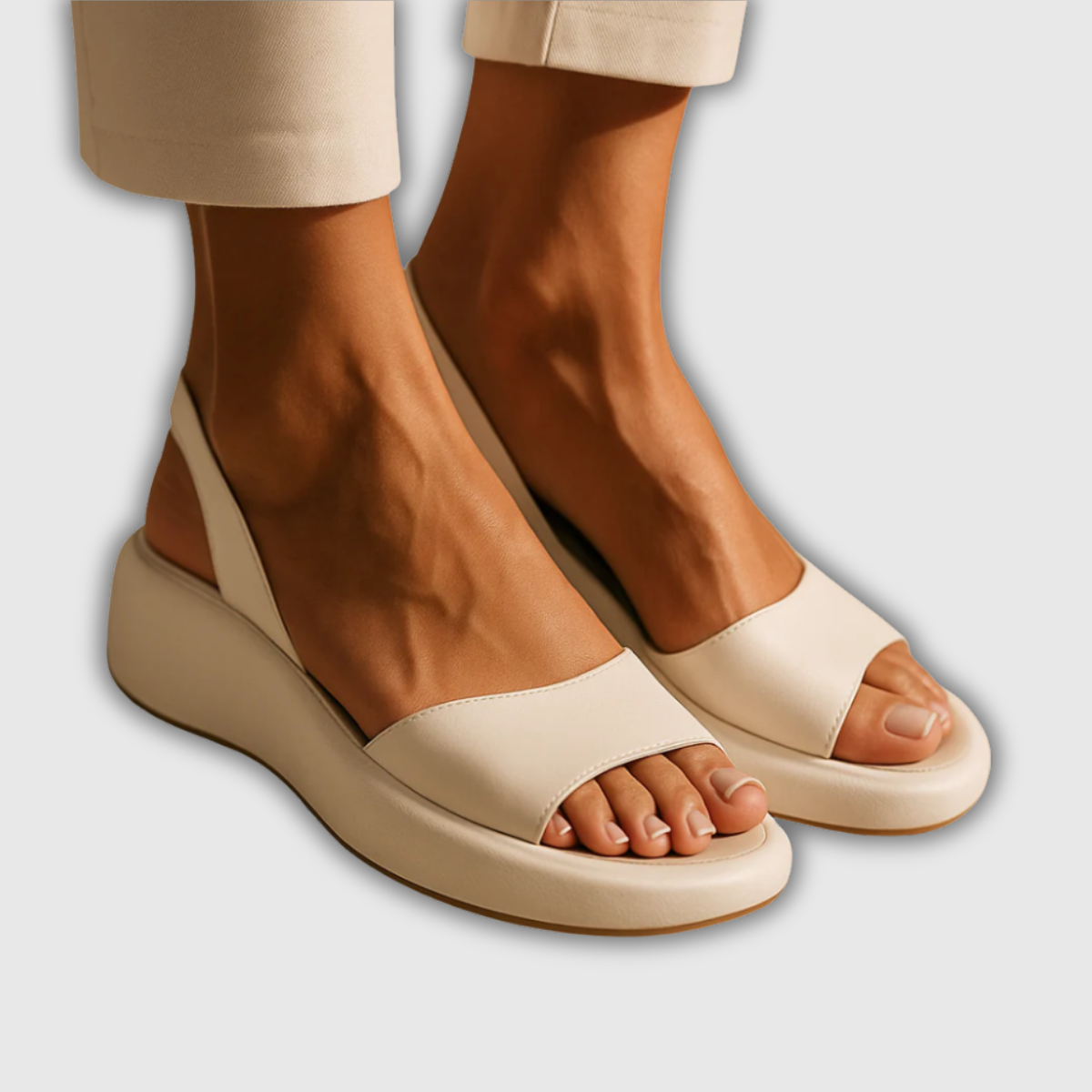 Weiße Slingback-Keilsandalette mit offenem Zeh und beigem Plateau