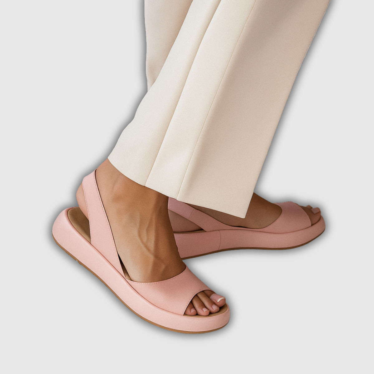 Rosa Keilsandalette mit offenem Zeh und breitem Riemen am Fuß