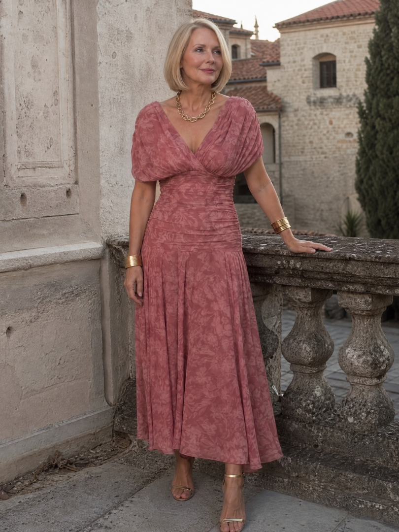 Off-Shoulder-Midikleid in Rosé, V-Ausschnitt, leicht geraffter Stoff und fließender Rock