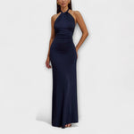 Slinky-Halfter-Maxikleid in Marineblau, geraffte Taille, fließender Maxirock