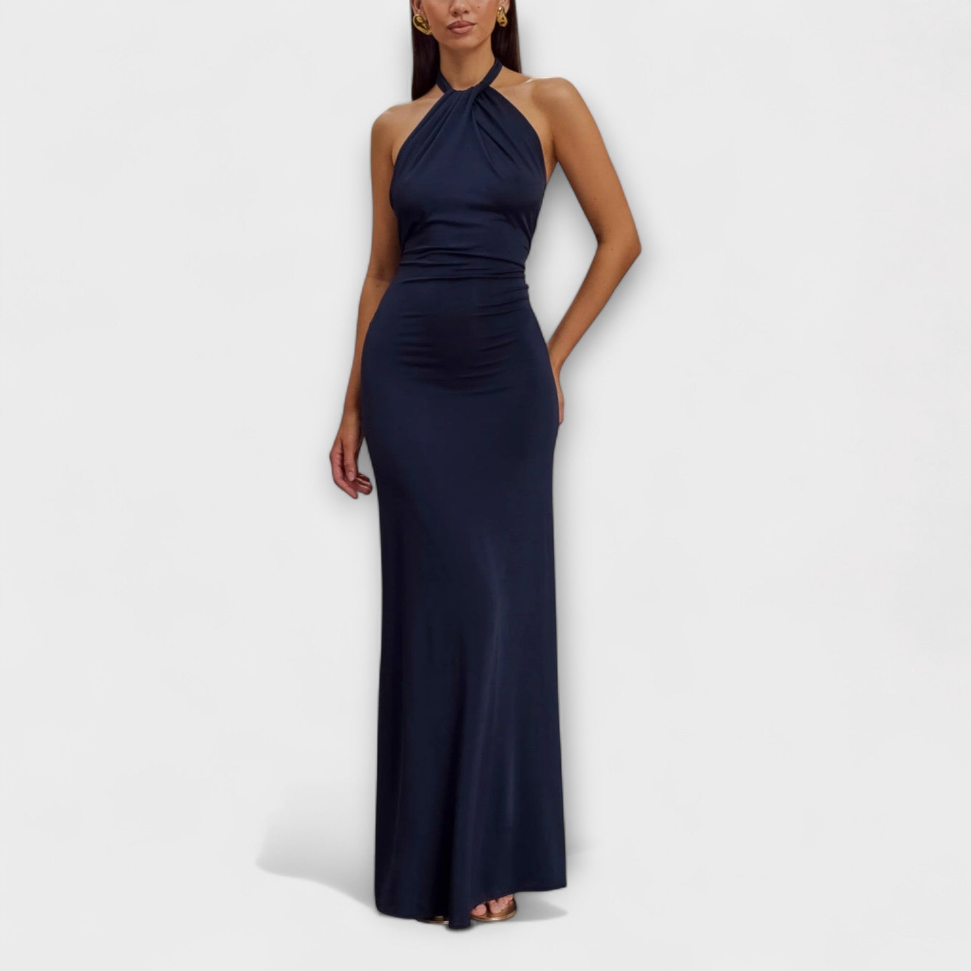 Slinky-Halfter-Maxikleid in Marineblau, geraffte Taille, fließender Maxirock