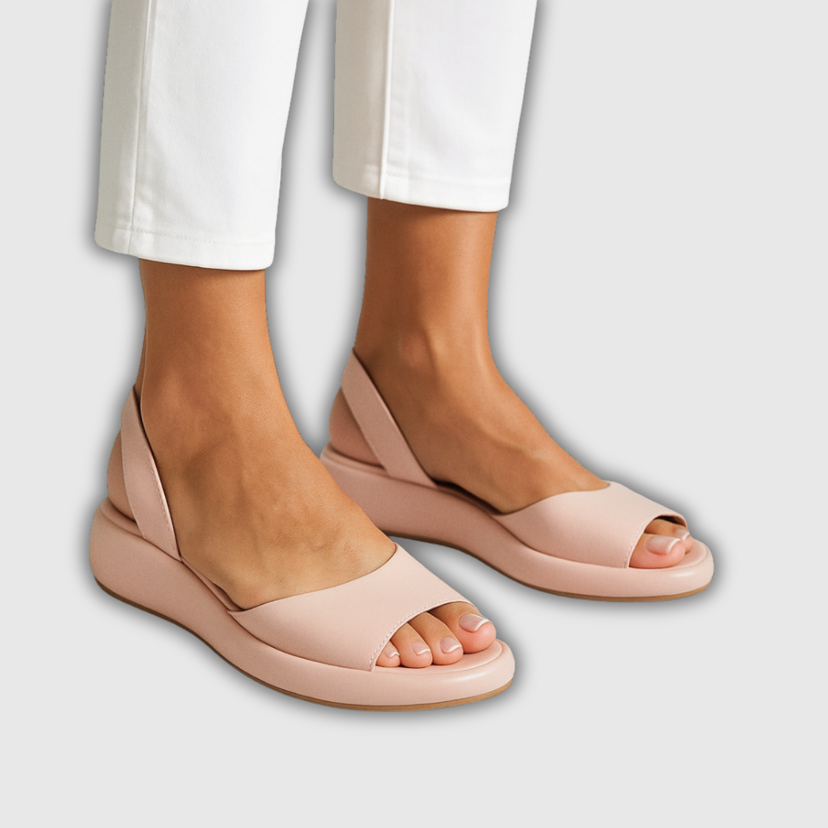 Rosa Slingback-Keilsandalette mit offenem Zeh und beigem Plateau
