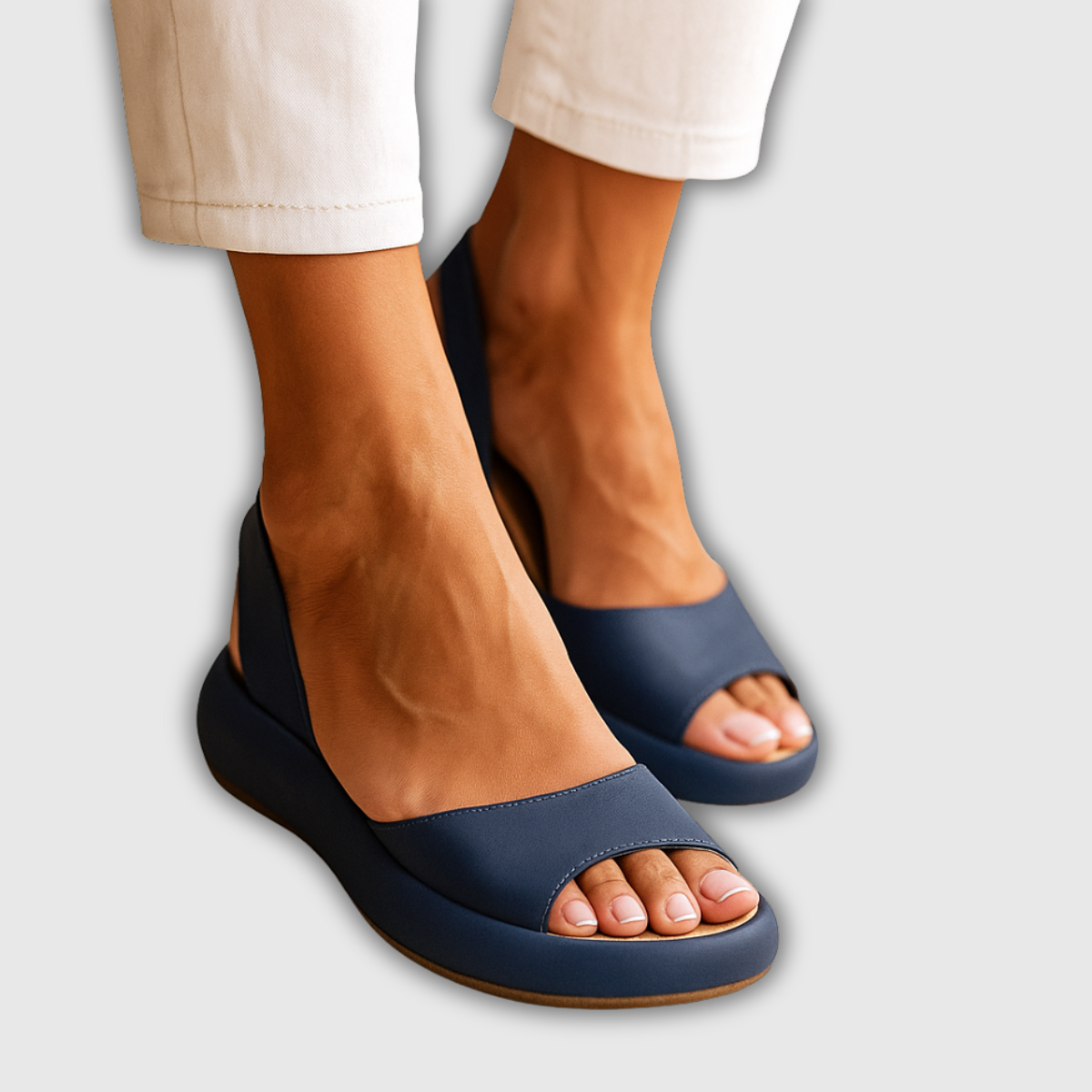 Dunkelblaue Slingback-Keilsandalette mit offenem Zeh und dunklem Plateau