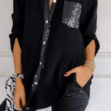 Schwarzes Damen-V-Ausschnitt-Shirt mit Knopfleiste und Pailletten-Brusttasche