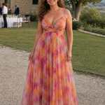 Mehrfarbiges Maxikleid mit V-Ausschnitt in Wickeloptik, dünnen Trägern und langem Rock
