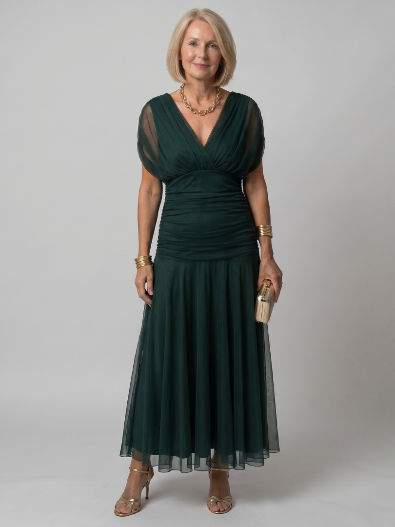 Off-Shoulder Midi-Kleid mit V-Ausschnitt, dunkelgrün, geraffter Oberteil-Raffung, Rock