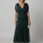 Off-Shoulder Midi-Kleid mit V-Ausschnitt, dunkelgrün, geraffter Oberteil-Raffung, Rock