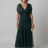Off-Shoulder Midi-Kleid mit V-Ausschnitt, dunkelgrün, geraffter Oberteil-Raffung, Rock