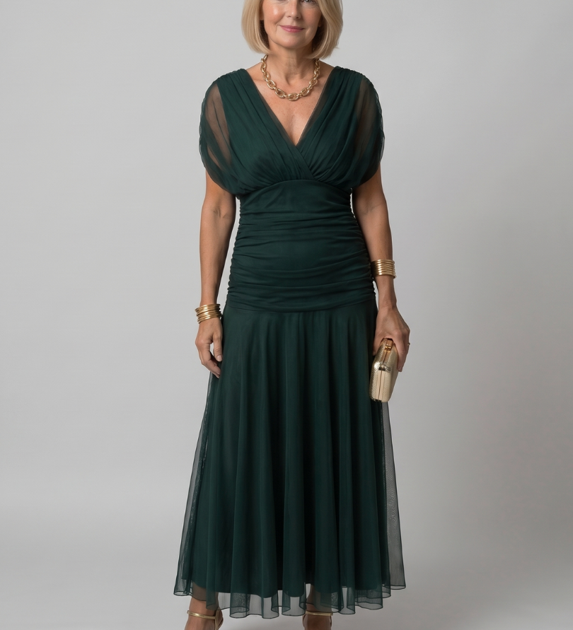 Off-Shoulder Midi-Kleid mit V-Ausschnitt, dunkelgrün, geraffter Oberteil-Raffung, Rock