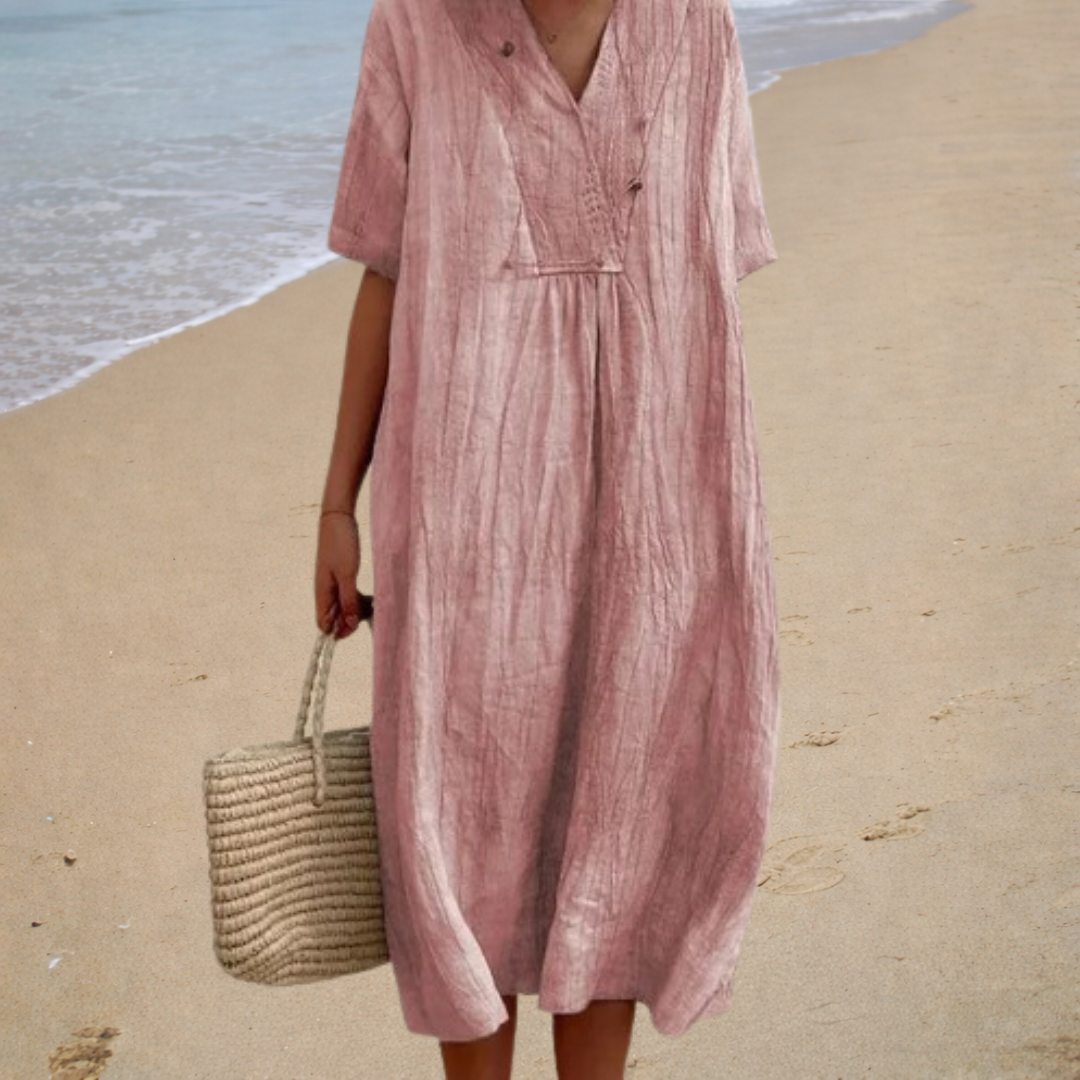 Rosa Sommerkleid mit V-Ausschnitt, kurzen Ärmeln und Taillenband, locker