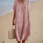 Rosa Sommerkleid mit V-Ausschnitt, kurzen Ärmeln und Taillenband, locker