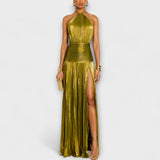 Olivgrünes Glitzer-Halterkleid mit figurbetontem Rock und seitlichem Beinschlitz
