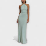 Slinky-Halfter-Maxikleid, lagunenfarben, geraffte Taille, weich fallender Maxirock