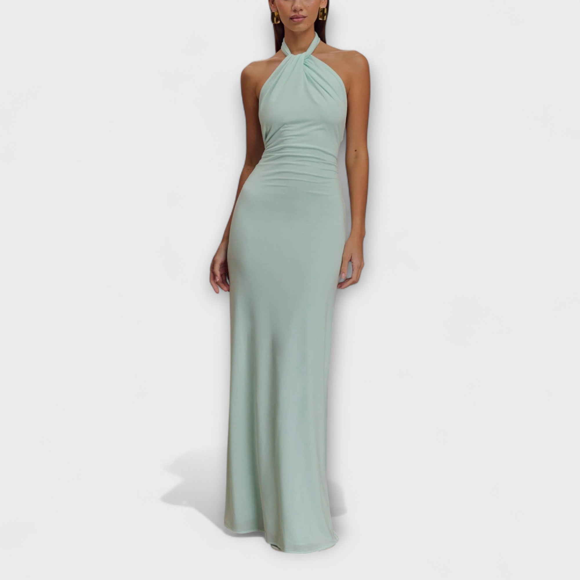 Slinky-Halfter-Maxikleid, lagunenfarben, geraffte Taille, weich fallender Maxirock