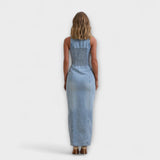 Jeans-Maxikleid Mid-Wash mit Racerback-Ansatz, Rückansicht; geschmückter Bund oben