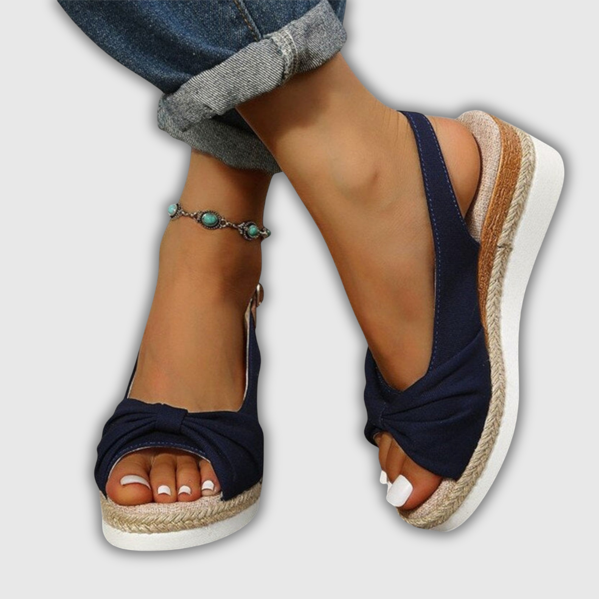 Espadrille-Wedgesandalen mit Riemchen in Dunkelblau, Knoten vorn, geflochtener Keil