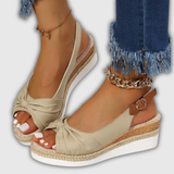 Espadrille-Wedgesandalen mit Riemchen in Beige, Knotenriemen und geflochtener Wedge