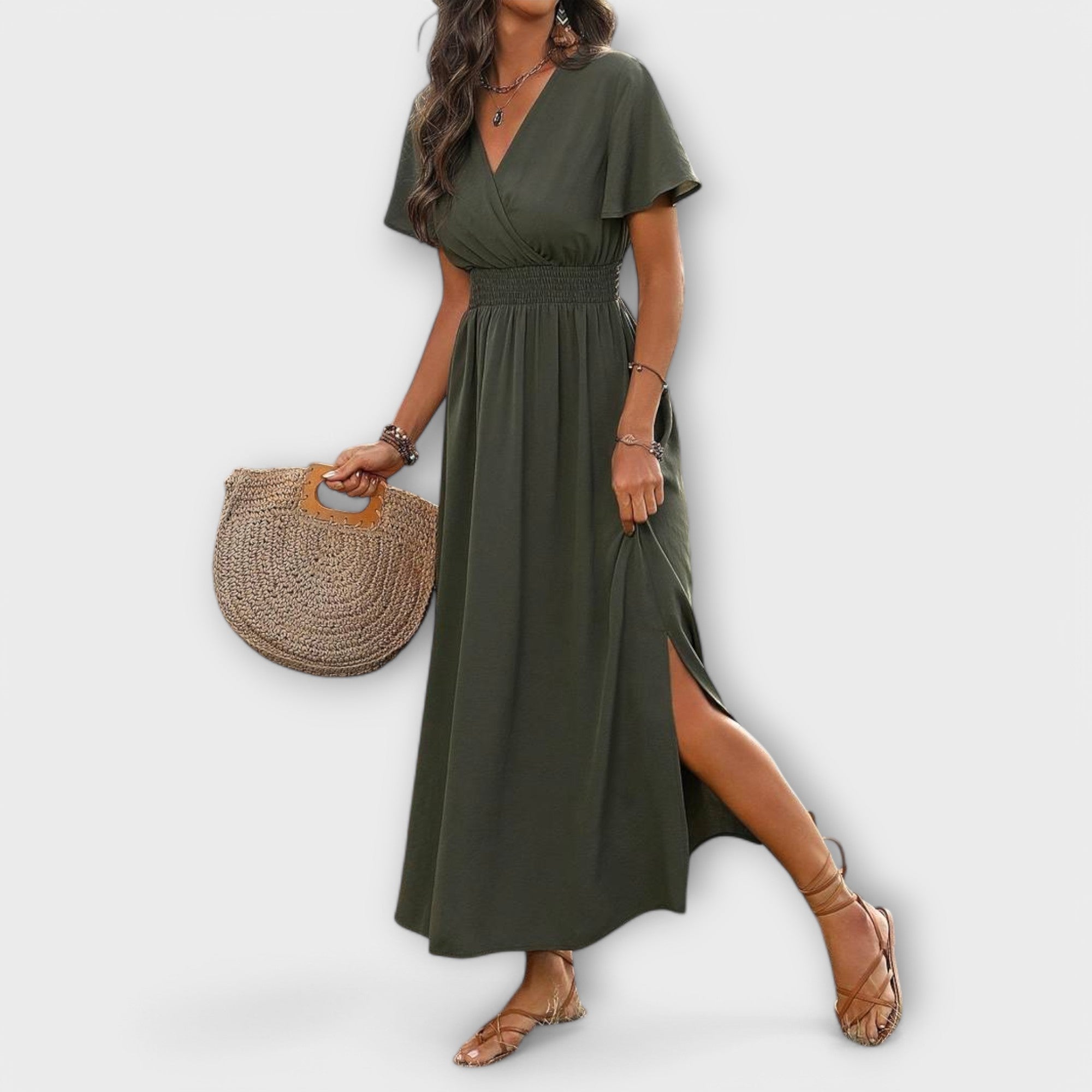 Dunkelgrünes Boho-Maxikleid mit V-Ausschnitt, kurzem Ärmel und geraffter Taille