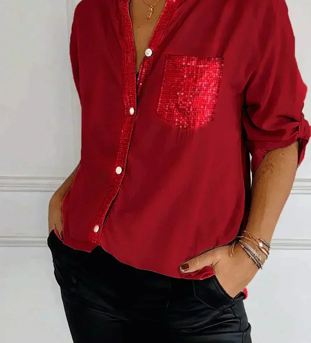 Rotes Damen-V-Ausschnitt-Shirt mit Knopfleiste und Pailletten-Brusttasche