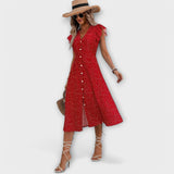 Midi-Kleid mit Polka-Dots, rot, V-Ausschnitt, Knopfleiste, kurzen Ärmeln und Schlitz vorn