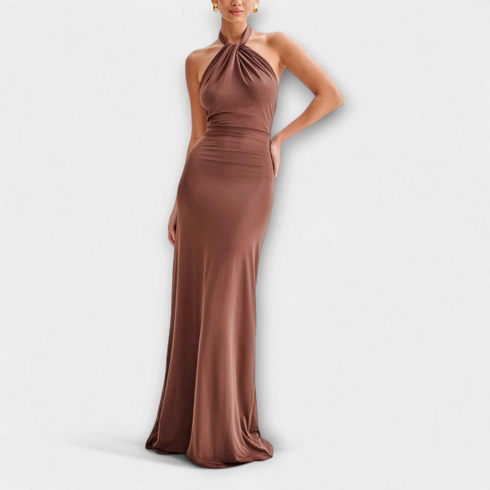 Slinky-Halfter-Maxikleid in Braun, geraffte Taille, fließender Maxirock