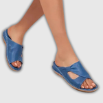 Orthopädische Sandalen, offene Zehen, breiter Knöchelriemen, blau, braune Sohle