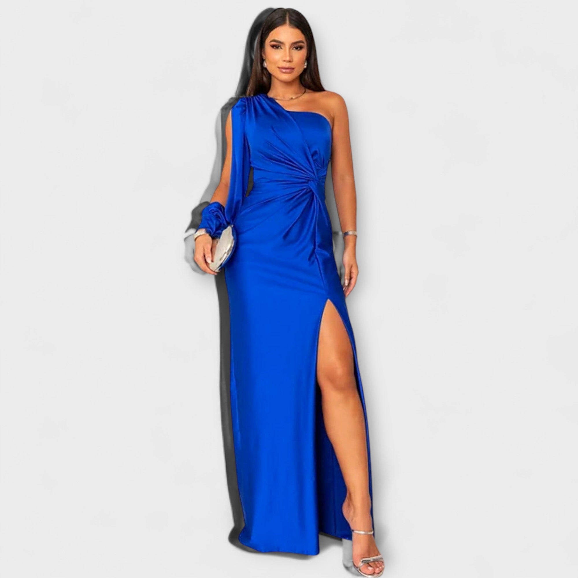 Elegantes Kleid in Elektrischblau mit One-Shoulder-Design, Raffung und Beinschlitz vorn