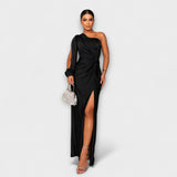 Schwarzes Abendkleid mit einer Schulter, Faltenknoten an der Taille und Beinöffnung