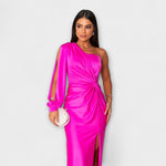 Figurbetontes Satin-Kleid in fuchsia mit einarmiger Schulter, Knoten vorne und hohem Schlitz