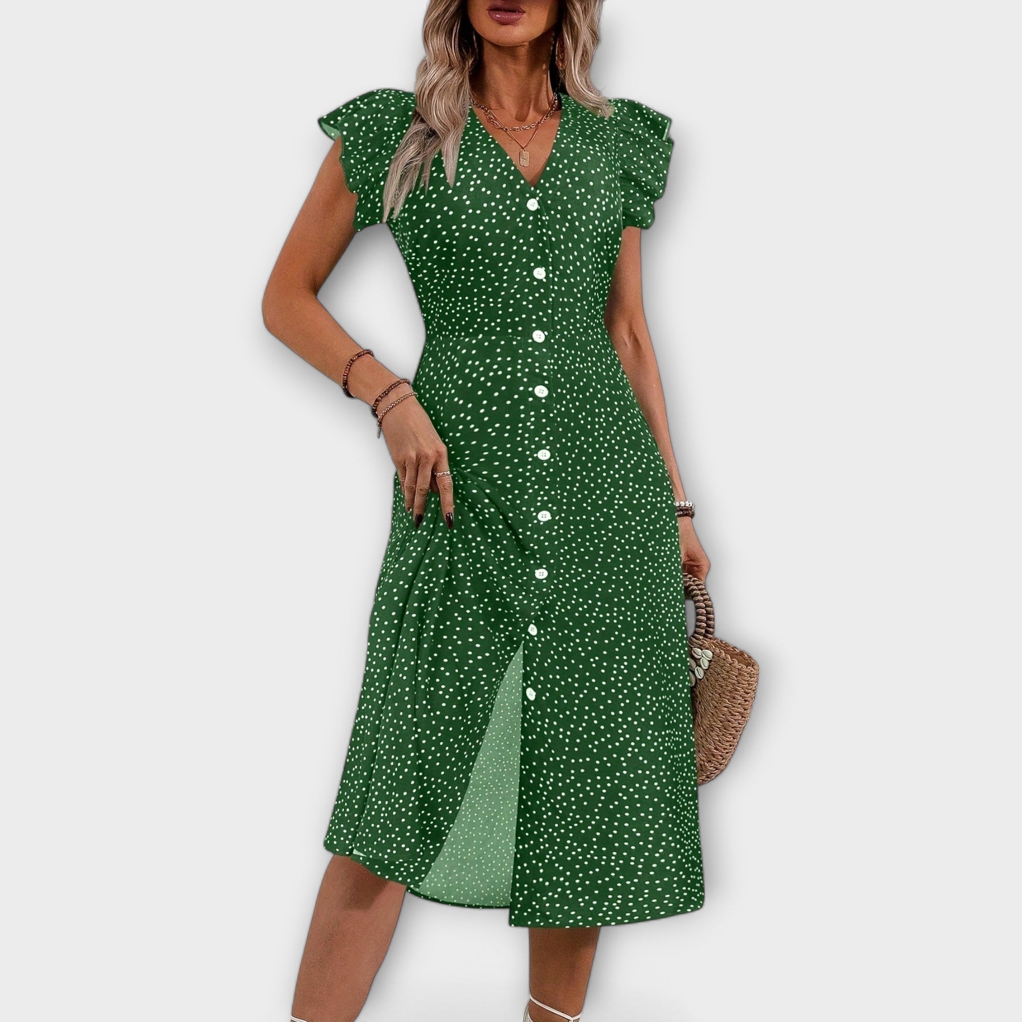 Grünes Midi-Kleid mit Polka-Dots, V-Ausschnitt, Knopfleiste, gefütterter Optik und Schlitz