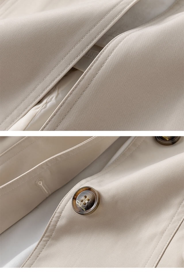Beige Windbreaker-Detail mit Knopfverschluss und sauberer Naht