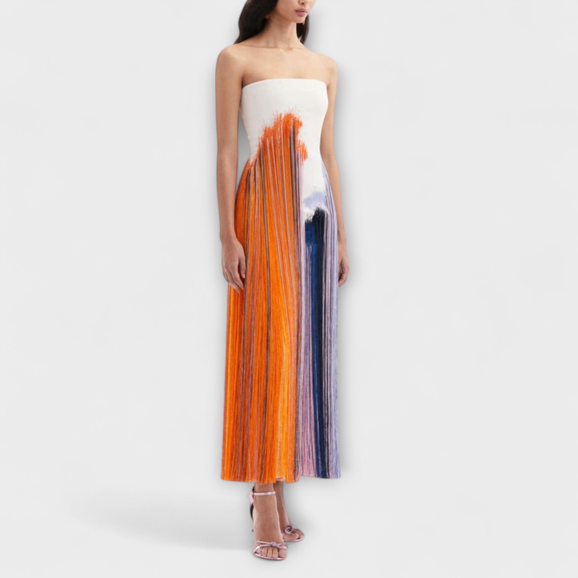 Farbblock-Kleid mit Quasten, bandeau-Ausschnitt, orange-blaues Streifenmuster