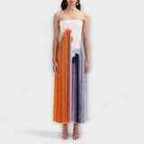 Farbblock-Kleid mit Quasten, bandeau-Ausschnitt, orange und blau gestreift