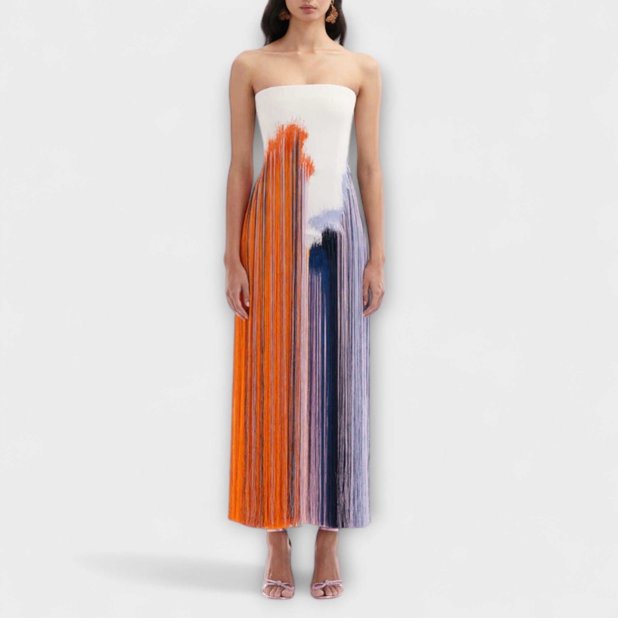 Farbblock-Kleid mit Quasten, bandeau-Ausschnitt, orange und blau gestreift
