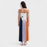 Rückenansicht Farbblock-Kleid mit Quasten, trägerlose Form, orange und blau