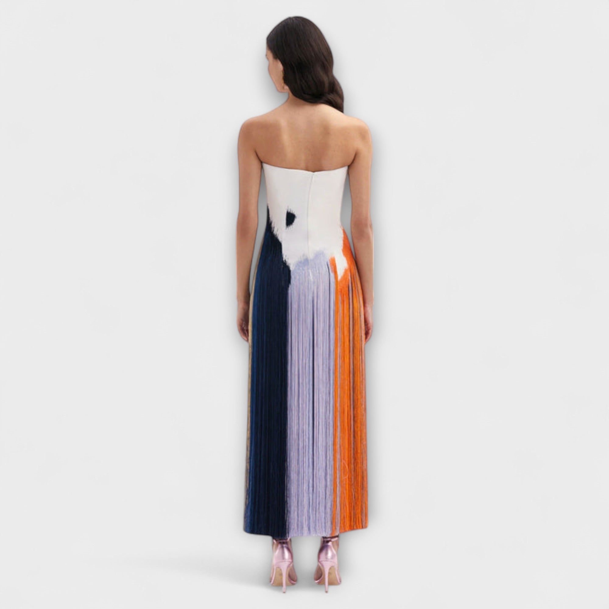 Rückenansicht Farbblock-Kleid mit Quasten, trägerlose Form, orange und blau