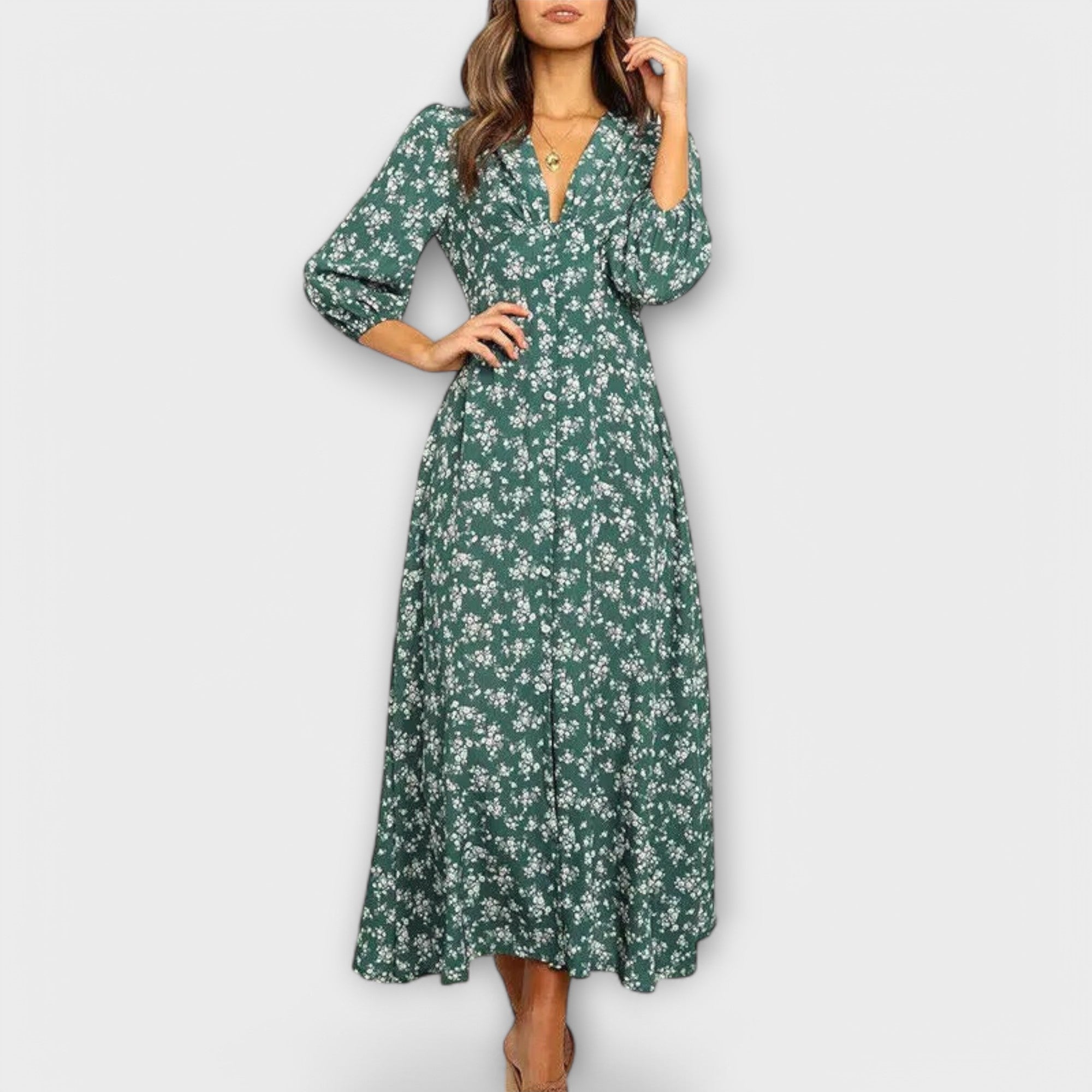 Damen-Maxikleid Blumenmuster, V-Ausschnitt, Knopfleiste, 3/4-Ärmel, grün