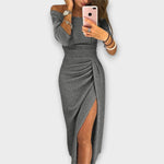 Langärmliges Off-Shoulder Kleid in Grau, glitzernd, gerafft und mit Beinschlitz
