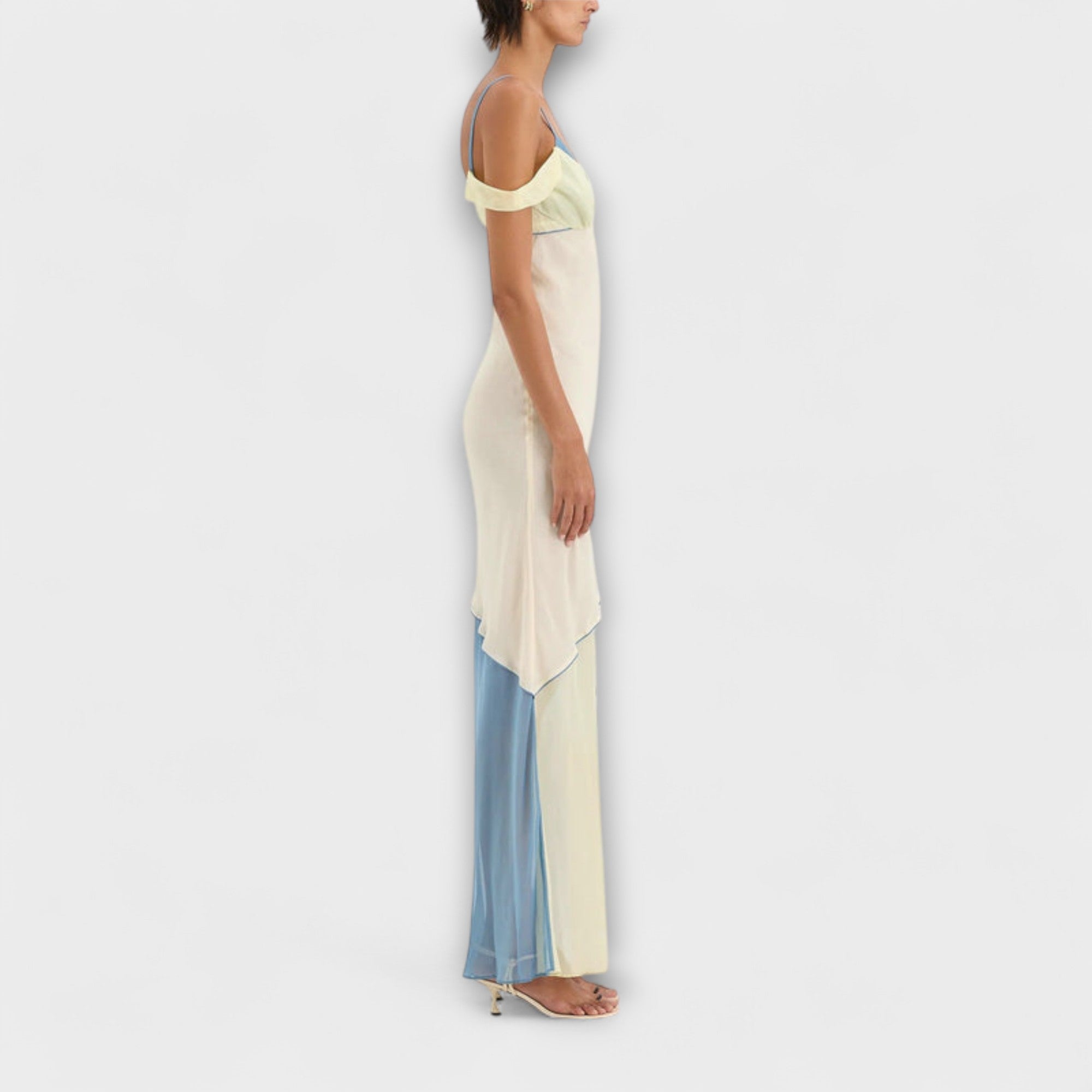 Midi-Kleid mit Splice-Detail, seitlich cremefarben mit blauem Saum und Trägern
