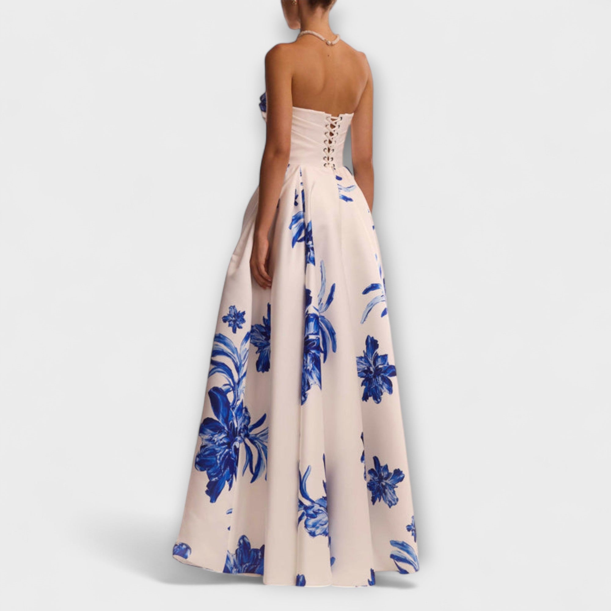 Schulterfreies Maxikleid mit blauem Blumenmuster, Korsettoberteil mit Schnürung hinten