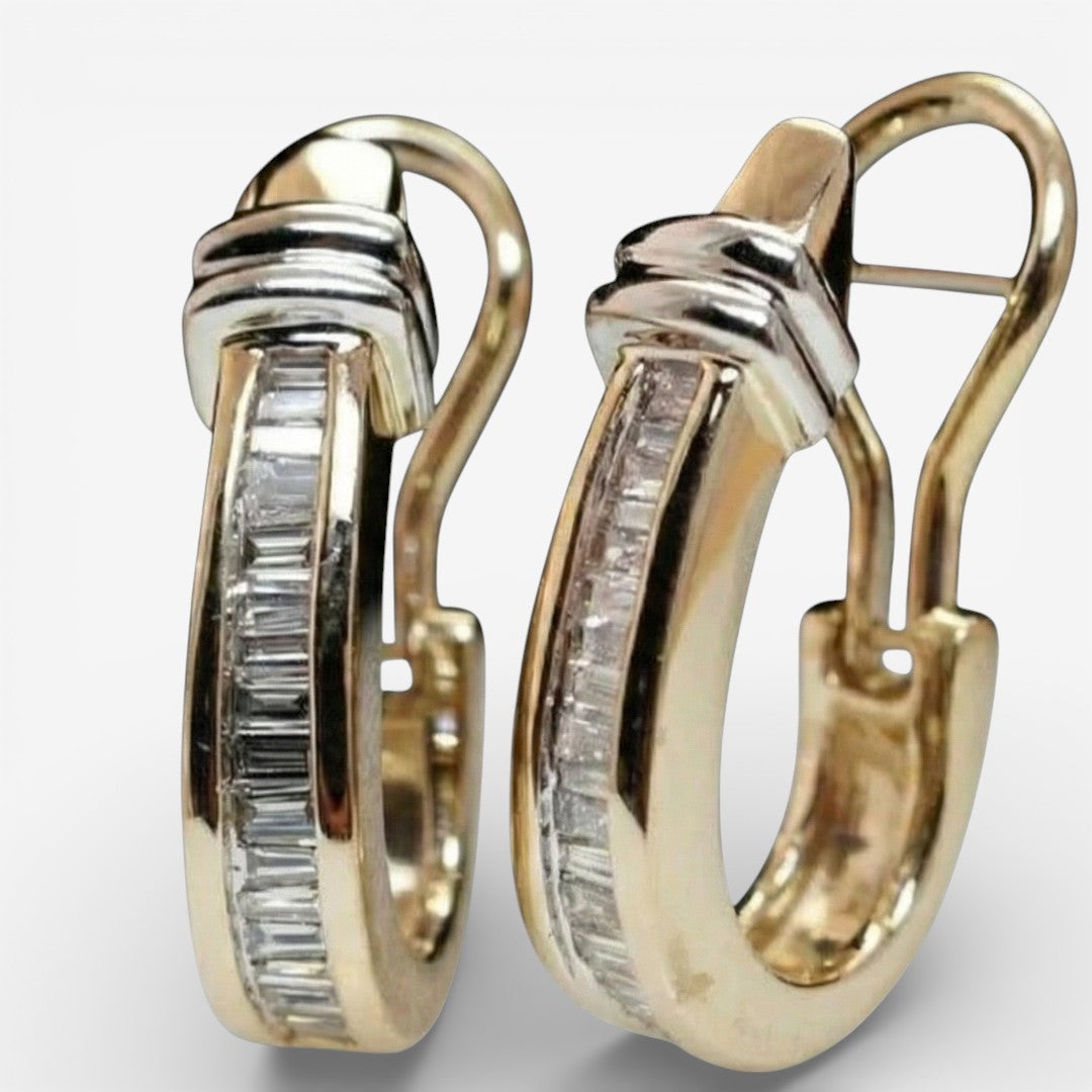 Goldfarbene Vintage-Ohrringe mit Baguette-Diamanten, geschlossene Creolen