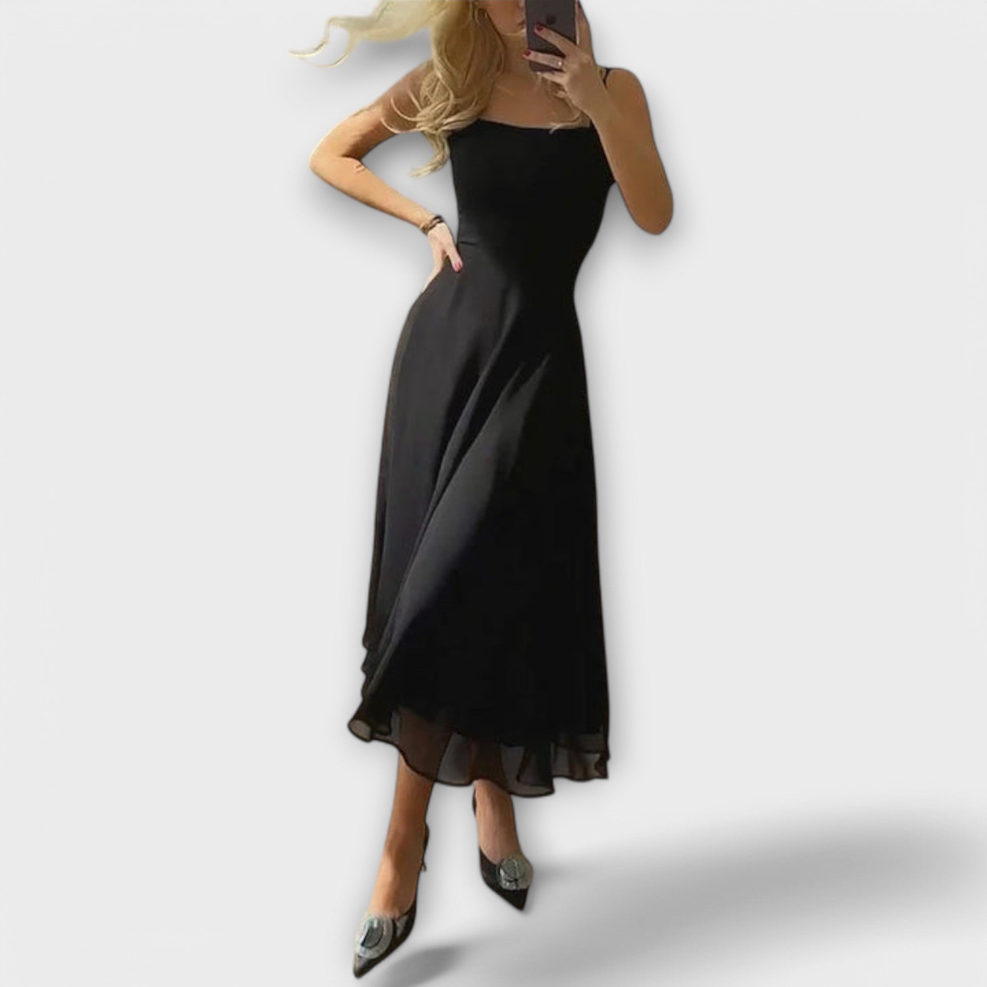Ärmelloses Kleid, schwarz, Vorn tailliert, ausgestellter Rock, Midi