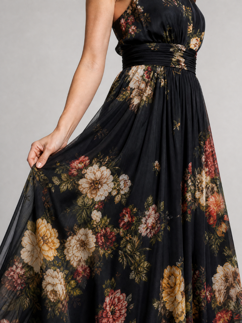 Schwarzes Midi-Kleid mit floralen Blumenprints, geraffter Taille und weitem Rock