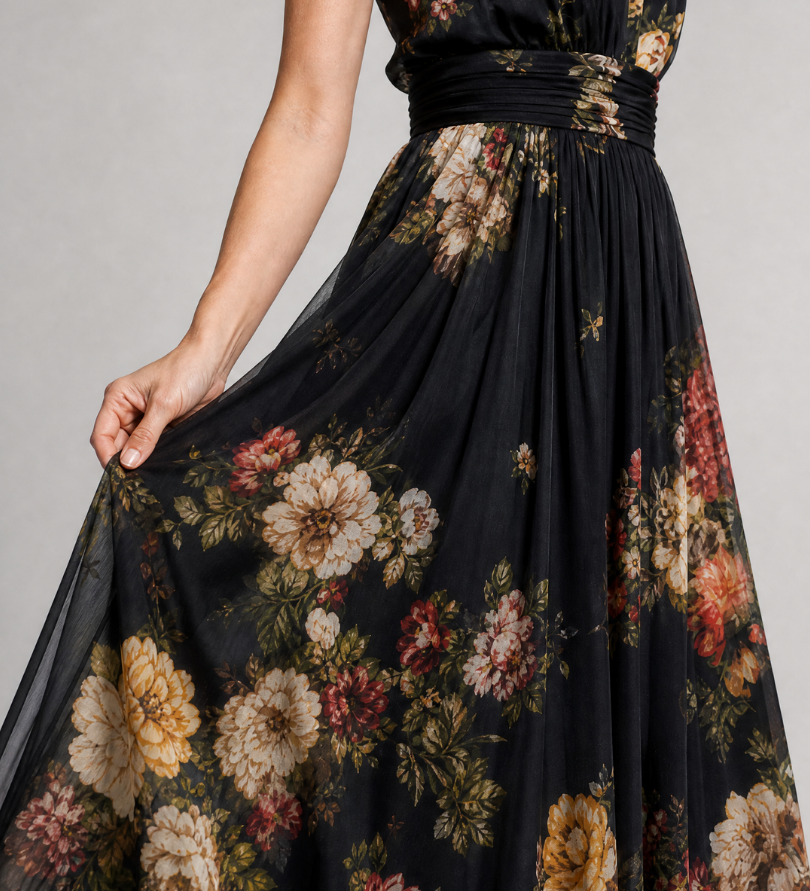 Schwarzes Midi-Kleid mit floralen Blumenprints, geraffter Taille und weitem Rock