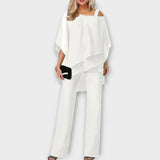 Weißes Chiffon-Abend-Set mit Überwurf-Top und weitem Hosenbein