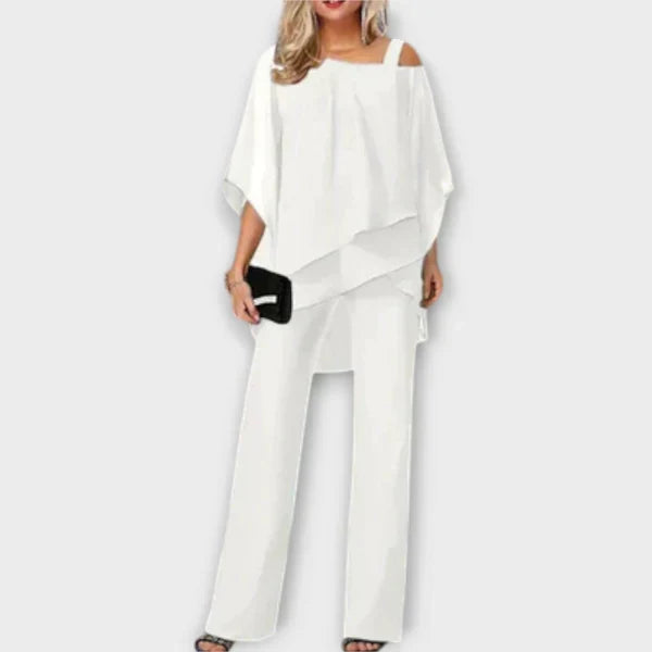 Weißes Chiffon-Abend-Set mit Überwurf-Top und weitem Hosenbein