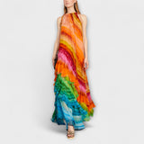 Maxikleid mit Volantbesatz, ärmellos, Hochhals, Seitenansicht, buntes Farbverlauf-Muster