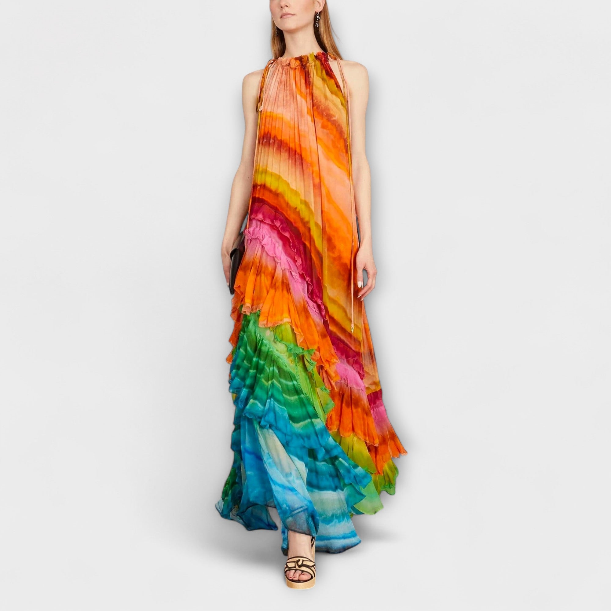 Maxikleid mit Volantbesatz, ärmellos, Hochhals, Seitenansicht, buntes Farbverlauf-Muster
