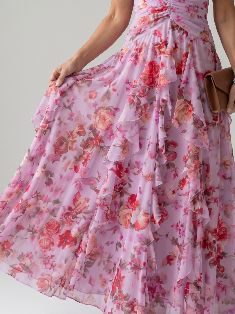 Halterneck-Rüschentop Maxikleid, pinkes Floral, Detailansicht mit Volant-Rock