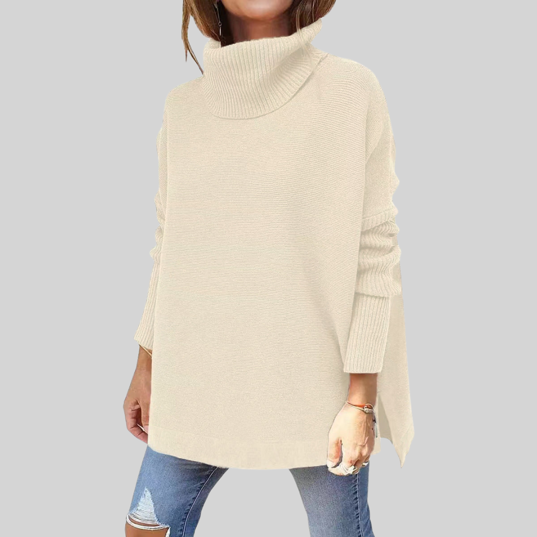 Oversize-Pullover mit Rollkragen, creme/beige, lange Ärmel, Rippbündchen